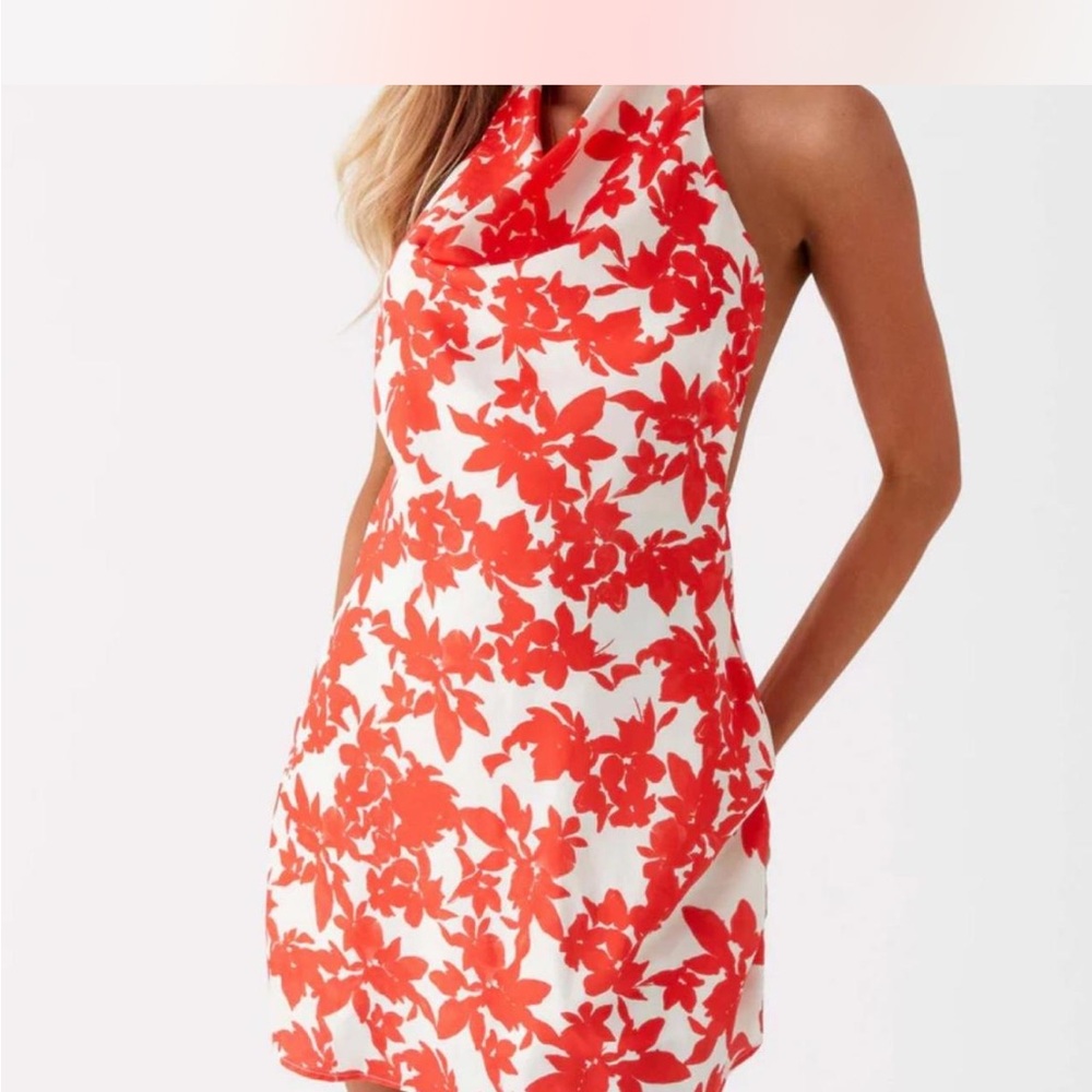 Floral Halter Neck Dress - Red and White